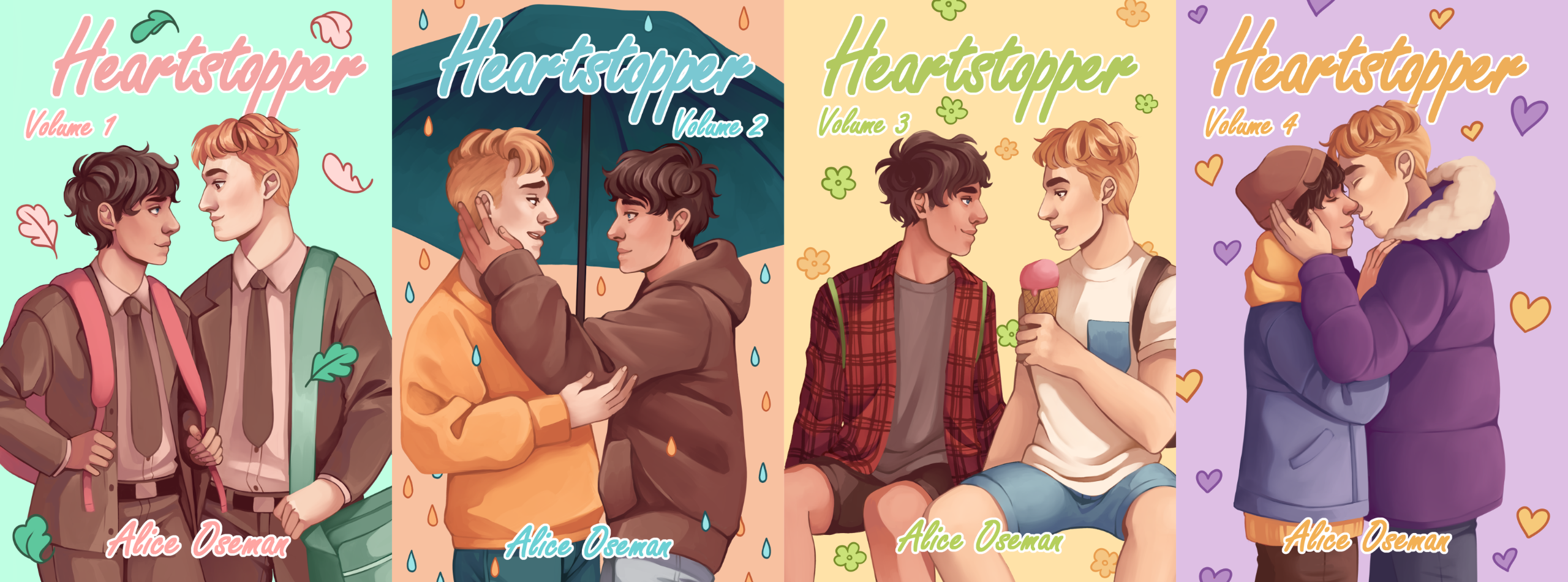 Cover redesigns for Heartstopper by Alice Oseman